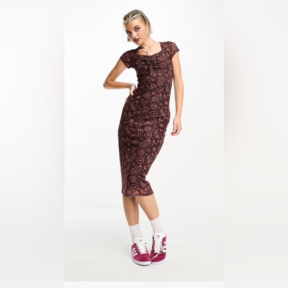 Daisy Street grunge midi dress in brown paisley SIZE 2